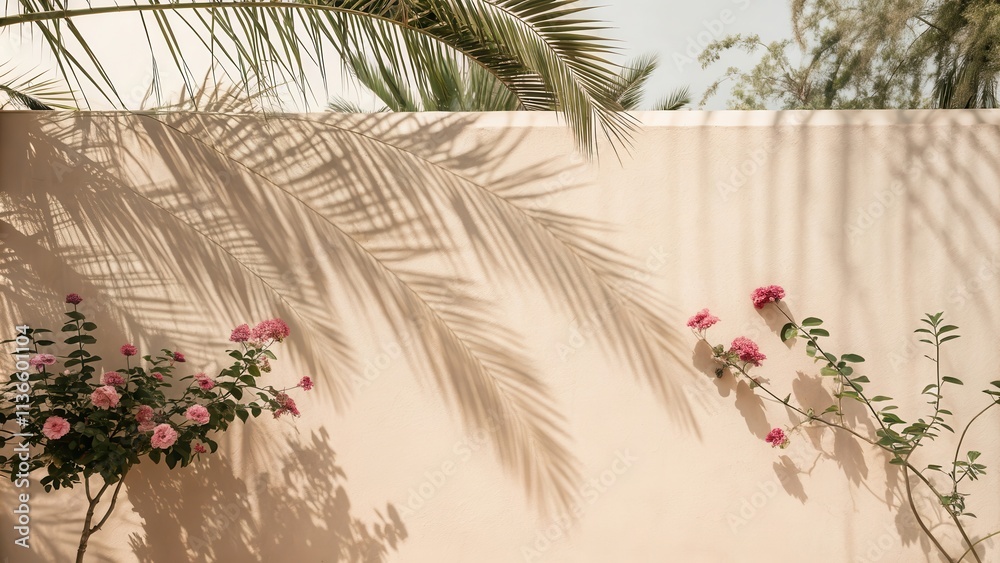 Obraz premium Palm Fronds Cast a Dramatic Shadow Against a Creamy Wall with Blossoms in the Sunlight