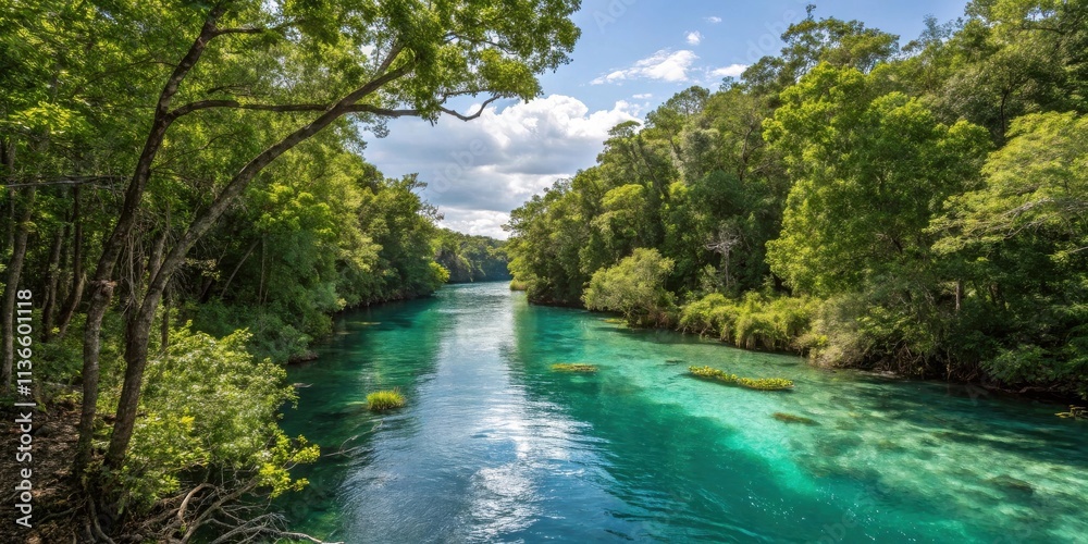 Obraz premium A winding river flows through a dense, verdant forest, its crystal clear water reflecting the blue sky and fluffy white clouds above