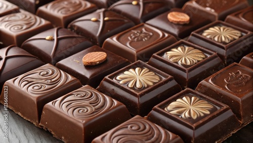 A close-up of a variety of decadent chocolate squares with intricate designs, showcasing the rich, smooth texture and tempting appeal of this beloved treat.