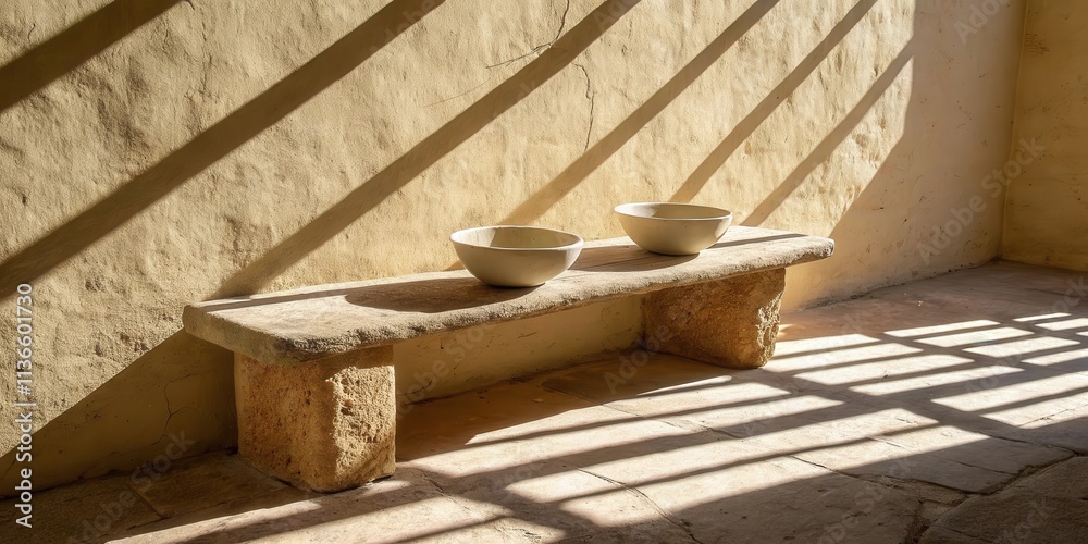 A stone bench with two white bowls sits in the warm glow of sunlight streaming through a window, casting long, horizontal shadows on the floor. A stone bench with two white bowls sits in the warm glow of sunlight streaming through a window, casting long, horizontal shadows on the floor.