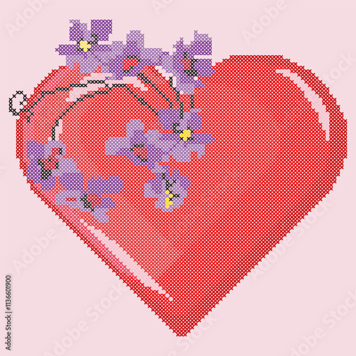 Cross Stitch Flowers Heart Floral Embroidery Ornament