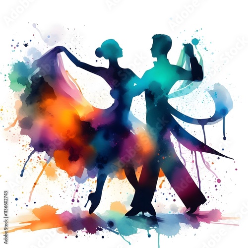 Colorful silhouettes of dancing couple in vibrant splashes of paint
