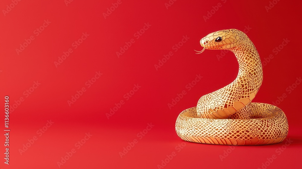 Fototapeta premium The Year of the Snake in the Chinese Zodiac Concept, Artistic Fusion of Coiled Snake Crafted from Chinese Paper on Vibrant Red Background