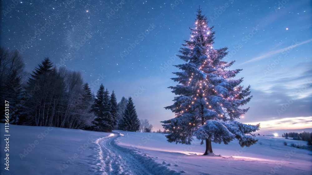 A single, snow-covered pine tree adorned with twinkling lights stands tall against a backdrop of a star-filled night sky, a pristine white blanket of snow blanketing the landscape