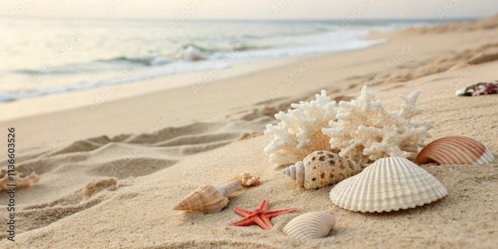 Seashells and coral on the sandy beach with a soft, blurred background of ocean waves Seashells and coral on the sandy beach with a soft, blurred background of ocean waves