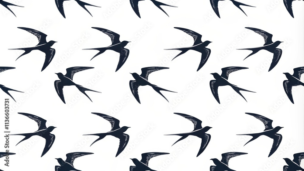A minimalist design featuring a repeating pattern of stylized black swallow silhouettes against a pristine white background. A minimalist design featuring a repeating pattern of stylized black swallow silhouettes against a pristine white background.
