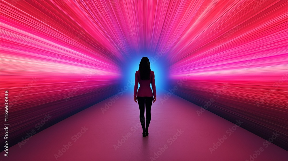 Digital transformation adaptation concept. A figure walks towards vibrant light beams in a surreal, colorful corridor. Digital transformation adaptation concept. A figure walks towards vibrant light beams in a surreal, colorful corridor.