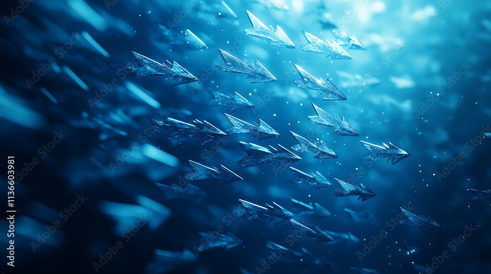Fototapeta premium Underwater action dynamic fish schooling in blue ocean depths