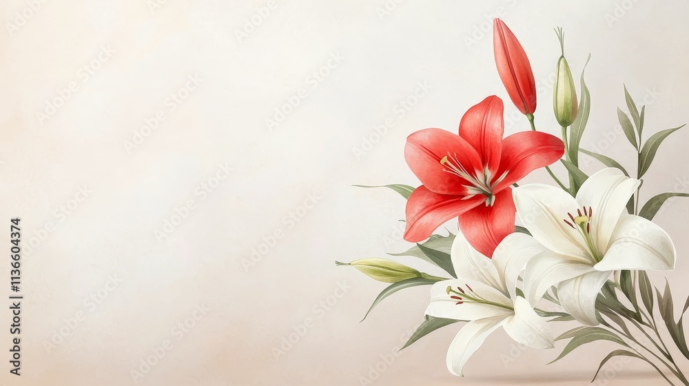 Naklejka premium valentine watercolor flowers charming concept, A delicate arrangement of red and white lilies, accentuated by green leaves, set against a soft, neutral background.