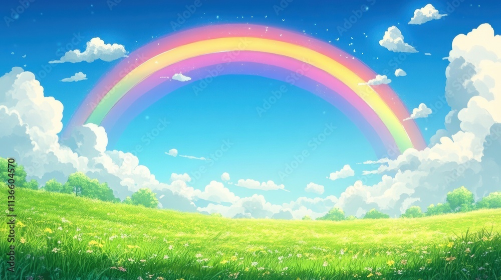 A vibrant rainbow arching over a green meadow after a fresh rainstorm, styled with soft sunlight and scattered clouds A vibrant rainbow arching over a green meadow after a fresh rainstorm, styled with soft sunlight and scattered clouds