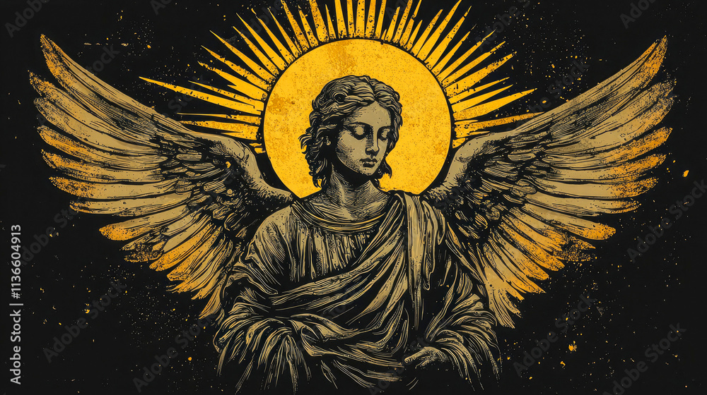 Serene angel with large wings and halo. Serene angel with large wings and halo.