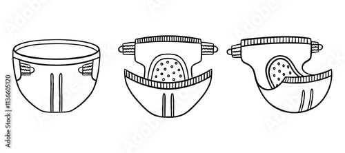 Baby diapers line drawing, outline. Diapers different angles, diaper changing, infant hygiene