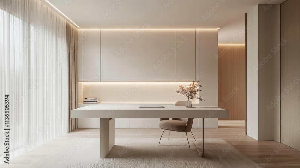 Fototapeta premium minimalist home office design with beige and white decor