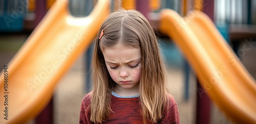 A sad girl standing alone in an empty playground, playground in the background