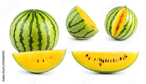 A set of Yellow watermelon isolated on a white background. It includes whole,halved and slice, all with full depth of field. --ar 7:4