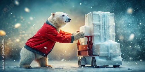 Polar Bear Forklift Ice Block Bokeh Snowy Scene Whimsical Industrial Photo photo