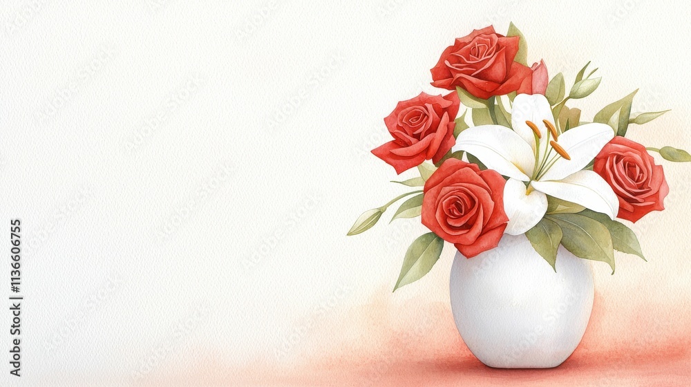 Fototapeta premium valentine watercolor flowers charming concept, A beautiful bouquet of red roses and white lilies arranged in a simple white vase, set against a light background, exuding elegance and freshness.