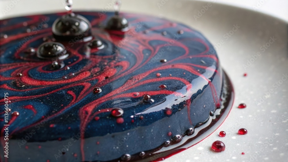 Obraz premium A swirling galaxy of dark blue and crimson glaze, captured as droplets fall and create a mesmerizing abstract pattern