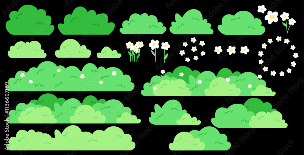 Green Bush with white flower doodle flat set