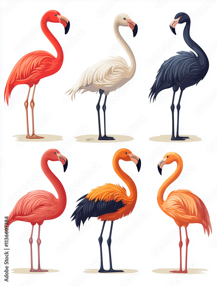 Fototapeta premium set of colorful flamingos, on a white background, watercolour illustration, cartoon character animal, idea for print t-shirt, poster and kids envelope, postcard. Hand drawn style