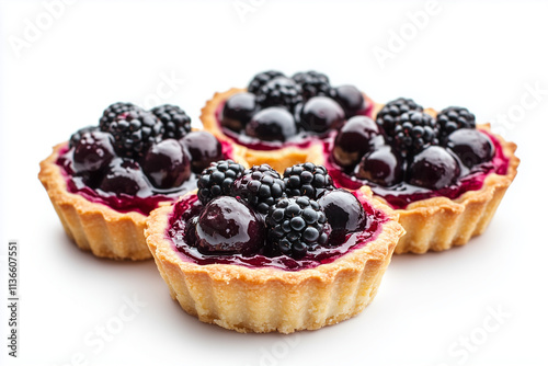 Blueberry and blackberry cheese tart isolated on white background, Fresh baked blueberry jam pie tart on white.