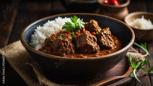 A delicious serving of Rendang, Indonesia’s famous slow-cooked beef stew.
