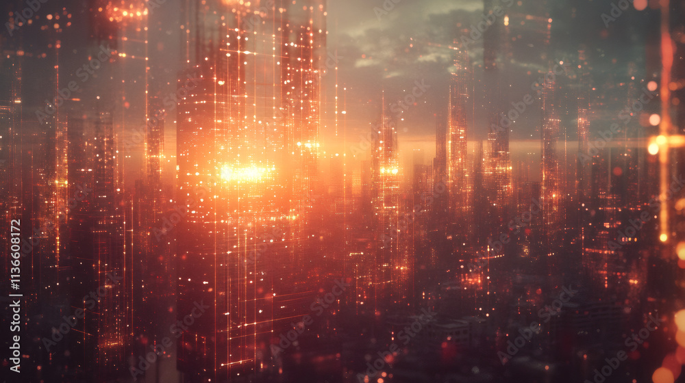 Sunset digital connections transforming cityscape into mesmerizing futuristic landscape of technology and urbanism Sunset digital connections transforming cityscape into mesmerizing futuristic landscape of technology and urbanism