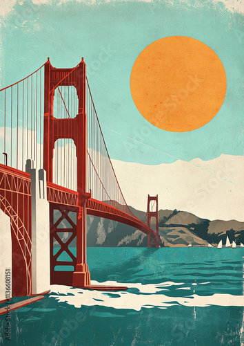 Golden Gate Bridge illustration with vibrant sun and ocean view