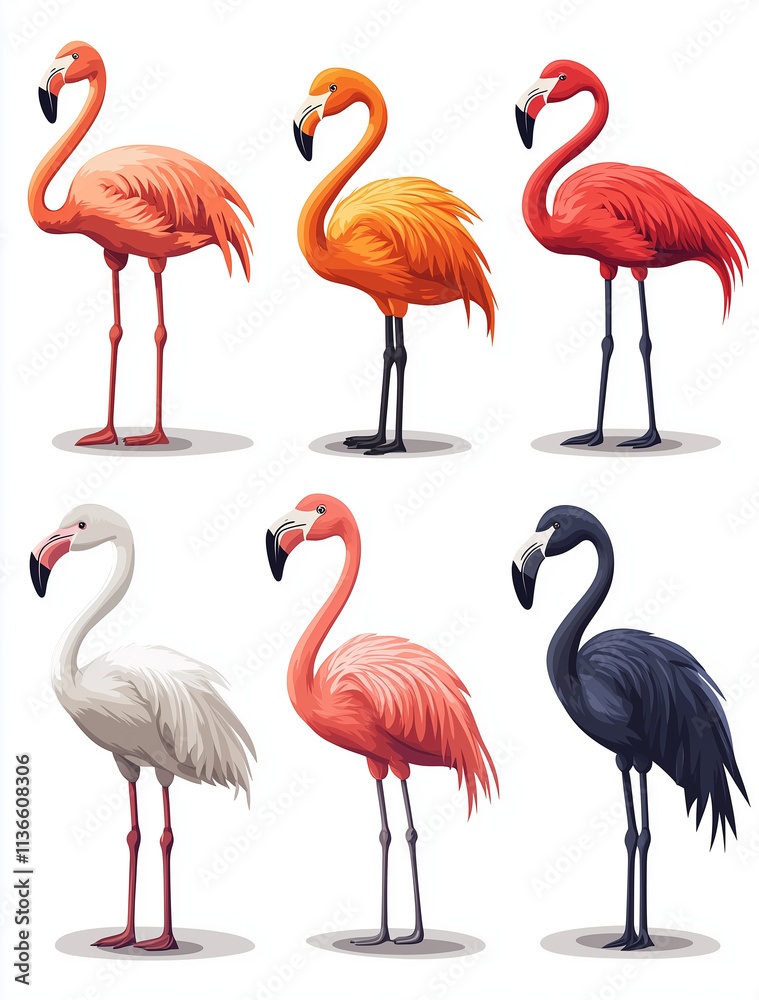 Obraz premium set of colorful flamingos, on a white background, watercolour illustration, cartoon character animal, idea for print t-shirt, poster and kids envelope, postcard. Hand drawn style