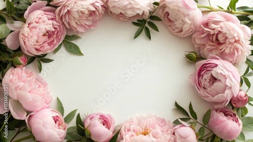 A delicate floral border of pink peonies arranged in a circular frame against a soft white background