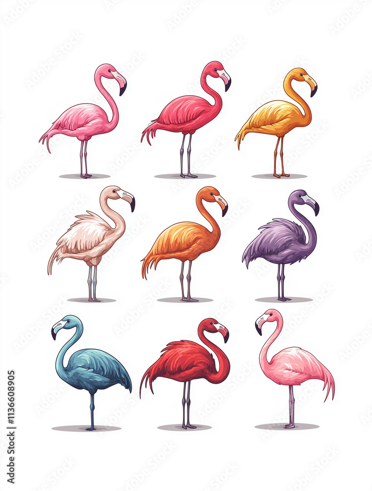 Obraz premium set of colorful flamingos, on a white background, watercolour illustration, cartoon character animal, idea for print t-shirt, poster and kids envelope, postcard. Hand drawn style
