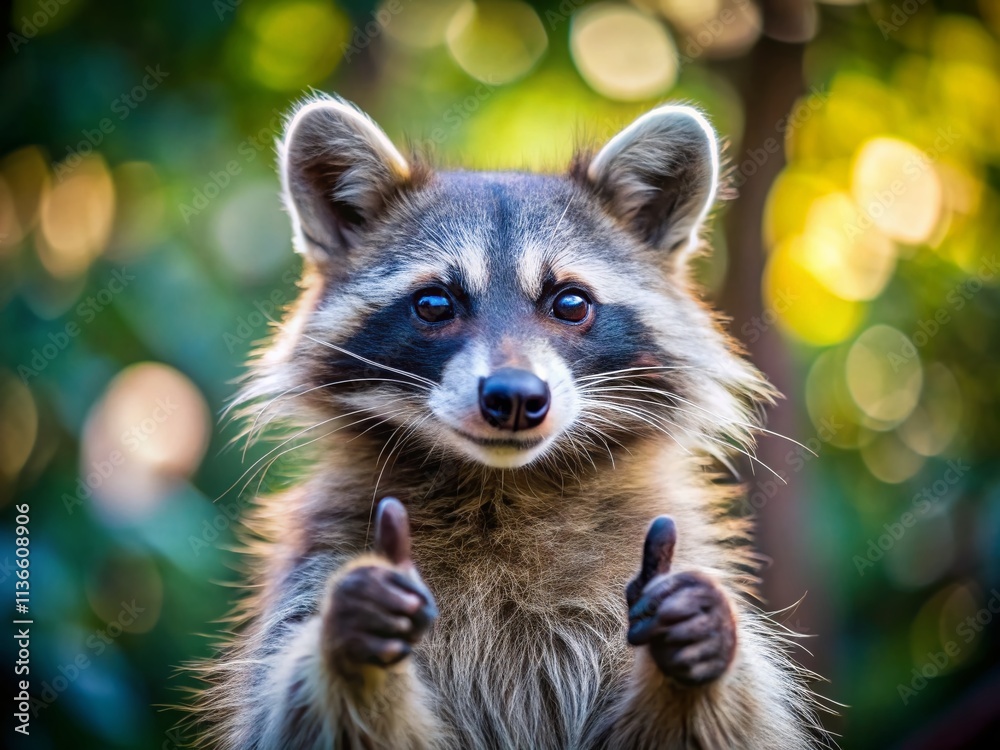 Obraz premium Raccoon Thumbs Up: Documentary Style Wildlife Photography AI Generated Image