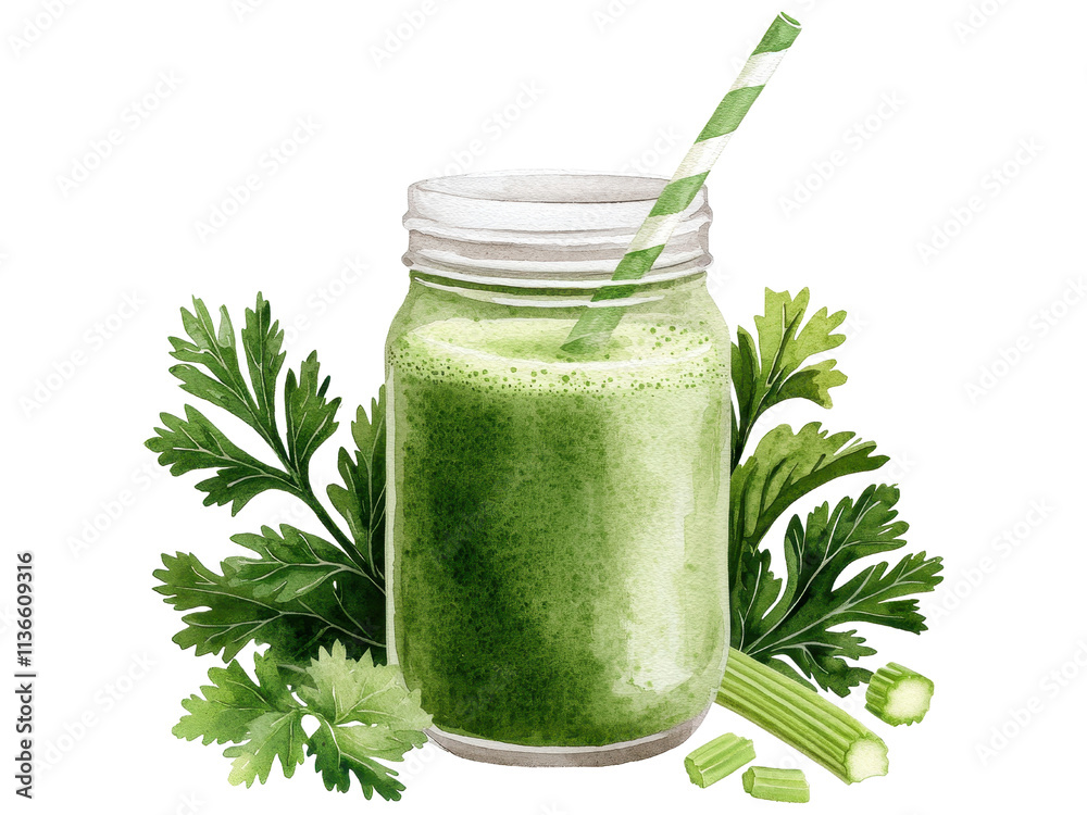 Delicious Green Smoothie in a Jar with Fresh Ingredients on a White Background Delicious Green Smoothie in a Jar with Fresh Ingredients on a White Background