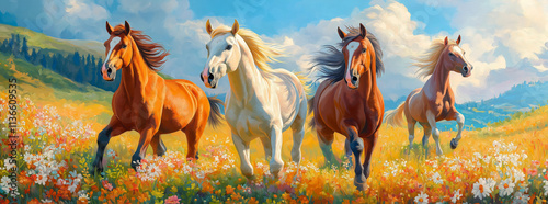 Horses and a foal in a green pasture under a blue sky