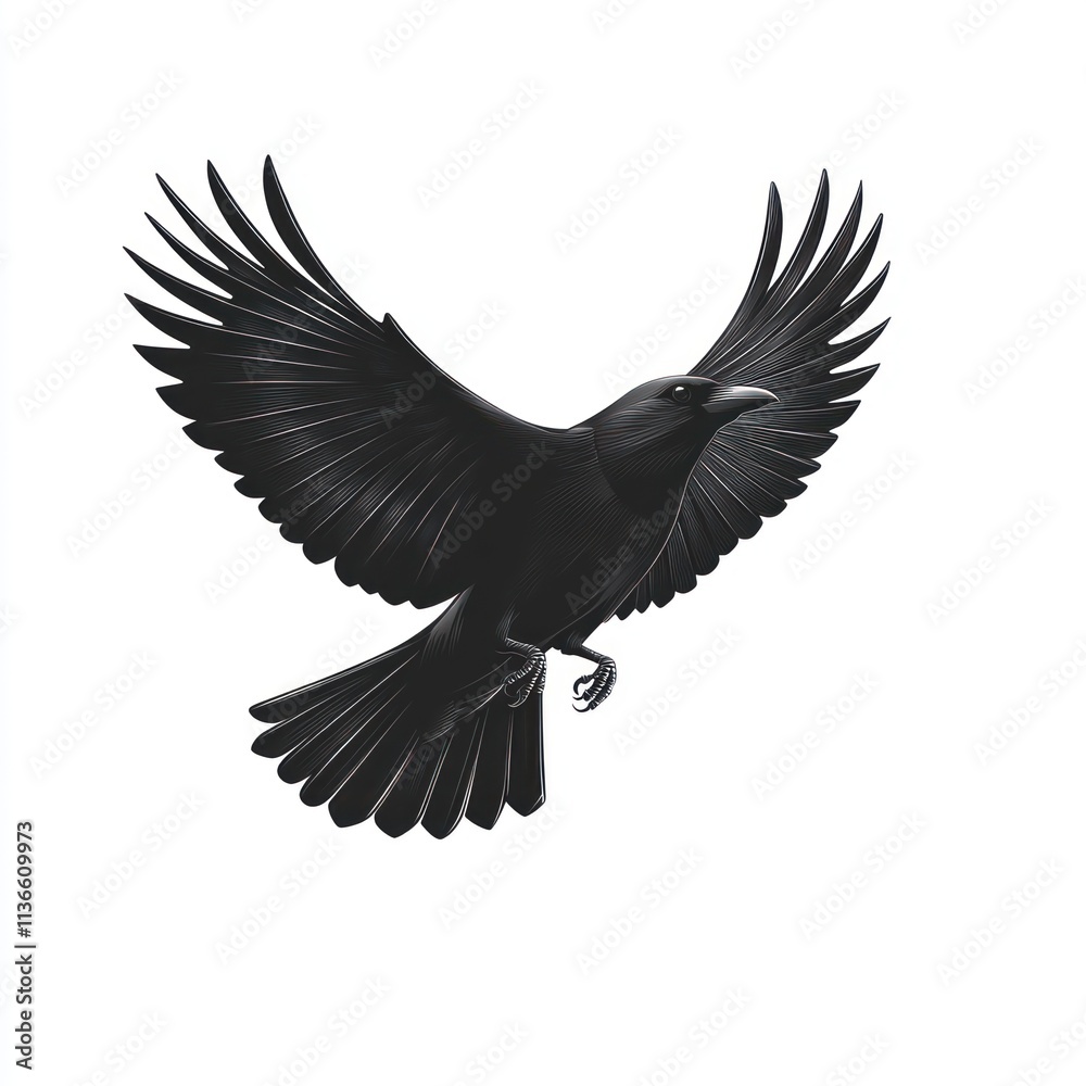 Fototapeta premium Black crow in flight, wings spread wide.