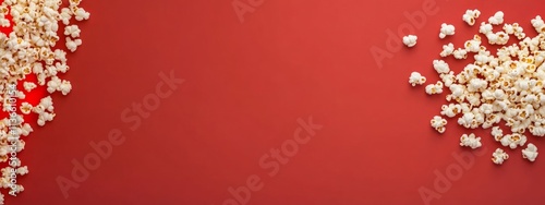 A Symphony of White Popcorn on a Vibrant Red Background - A Delightful Snack for a Movie Night