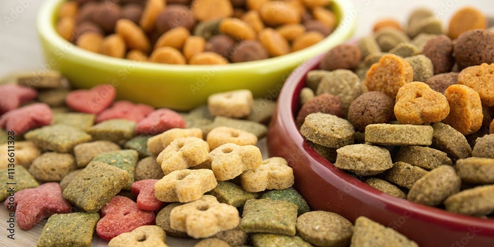 A close-up view of colorful pet food kibble in bowls, showcasing a variety of shapes and sizes, highlighting the nutritional composition and textures A close-up view of colorful pet food kibble in bowls, showcasing a variety of shapes and sizes, highlighting the nutritional composition and textures