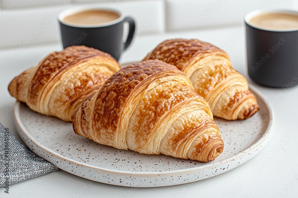 Freshly baked croissants and coffee creating cozy bakery scene Freshly baked croissants and coffee creating cozy bakery scene