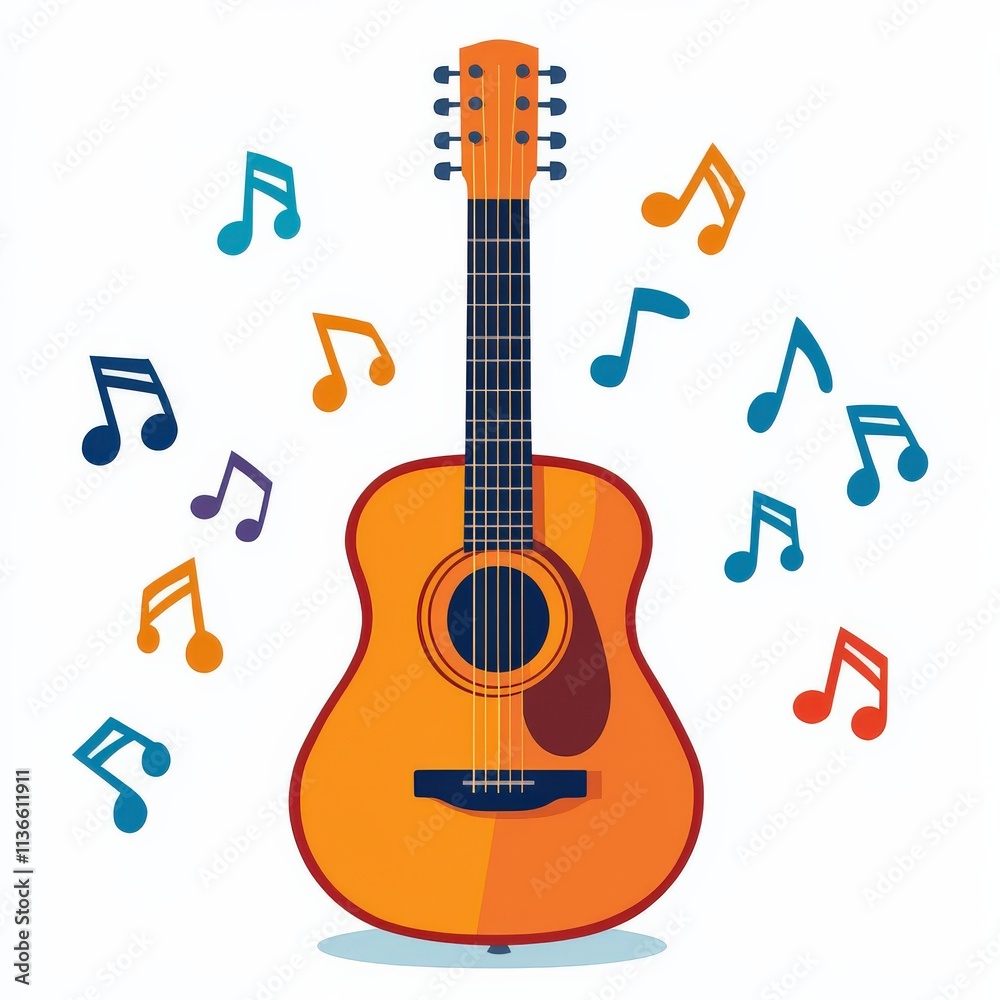 Naklejka premium A colorful illustration of an acoustic guitar surrounded by musical notes, symbolizing the joy and creativity of music.