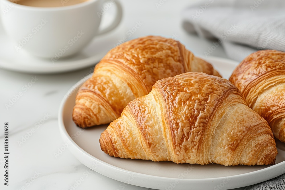 Freshly baked croissants and latte creating cozy breakfast scene Freshly baked croissants and latte creating cozy breakfast scene