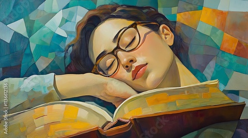 A woman dozing off while reading a book, glasses slipping down her nose  photo