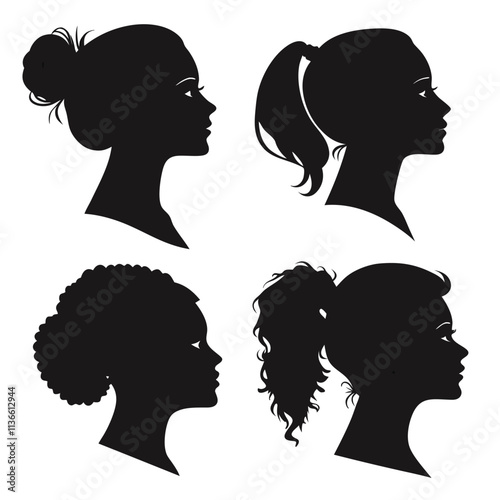 A black and white drawing of four women with different hairstyles. The women are all wearing headbands