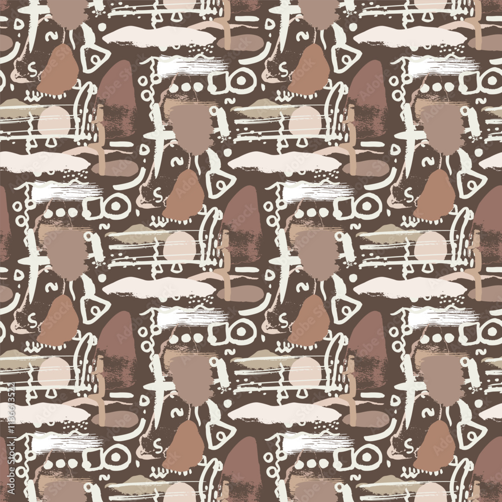 Obraz premium Abstract whimsical seamless pattern with hand drawn shapes on brown background. Minimalist neutral wallpaper