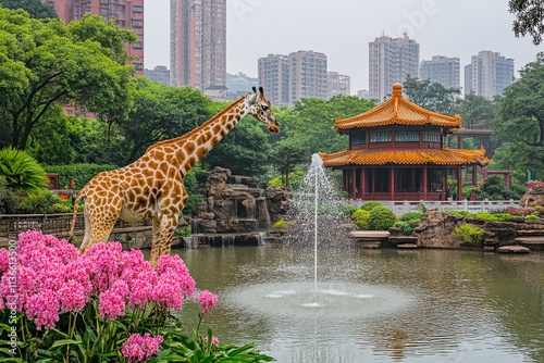 Giraffe bending down to drink from a city fountain in a bustling urban park. photo