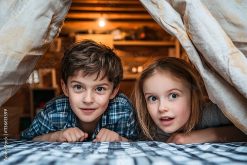 Kids playing hide and seek in a cozy house. photo