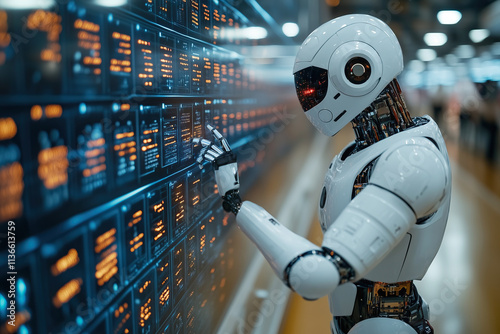 white robot working on digital screen AI-driven data analysis and control