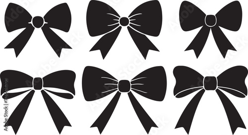 Black silhouette bow set. Collection bow designs in various styles and shapes, perfect for festive decorations and gift wrapping