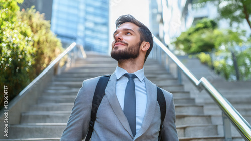 Portrait of a smiling businessman going up the stairs in a modern city, looking optimistically towards his goals