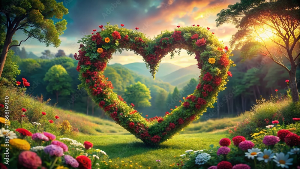 Romantic Valentine's Day Background Featuring a Red Heart Surrounded by Vibrant Flowers on a Lush Green Canvas, Perfect for Celebrating Love and Affection in 3D Rendering