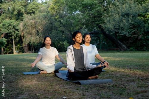 Indian family doing yoga in outdoor park in early morning 